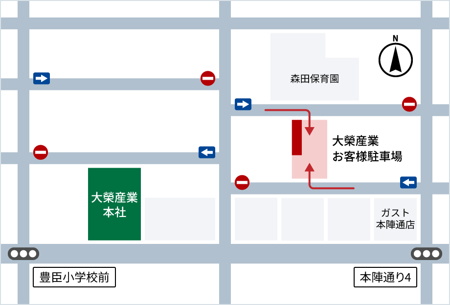 本社からお客様駐車場への地図